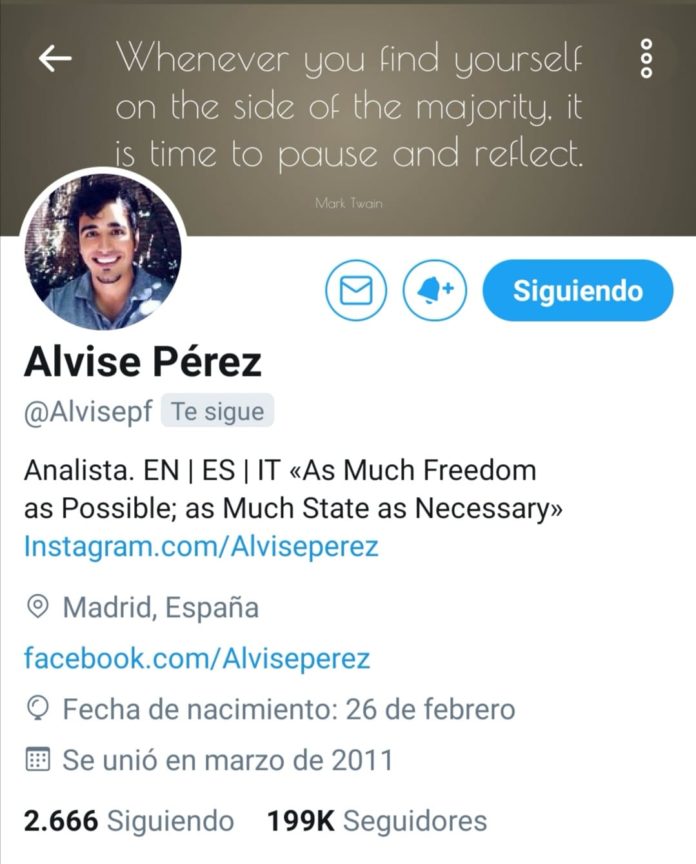 Vista del perfil de Alvise Pérez en Twitter.