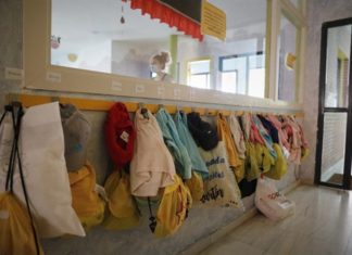 Chaquetas y mochilas colgadas en el exterior de un aula de un colegio en Barcelona.