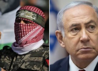 Un guerrillero de Hamás y el primer ministro israelí, Benjamín Netanyahu.