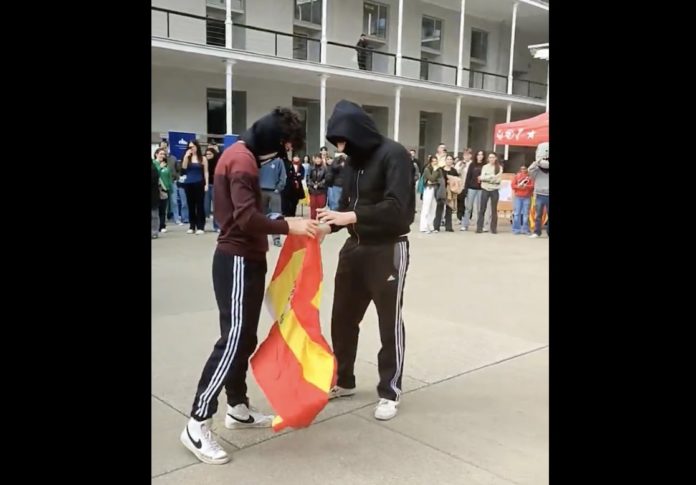 Momento en el que dos ultras separatistas intentan prender fuego a una bandera de España en el campus de la UPF.