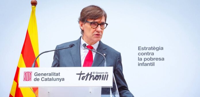 El presidente del Govern, Salvador Illa, durante la presentación de la nueva política autonómica contar la pobreza infantil.