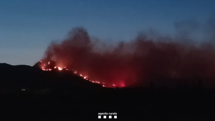 Vista del incendio forestal de Paüls al caer la noche (A. Rurals).