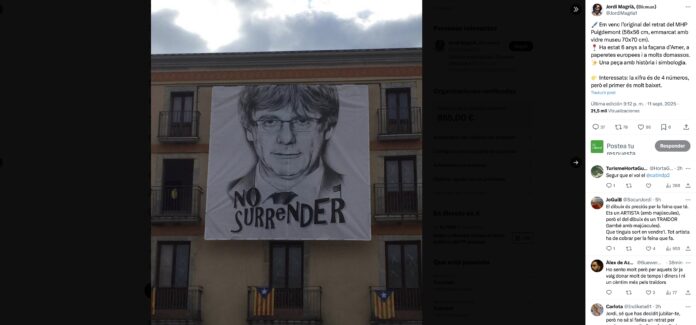 Vista del mensaje publicado por Jordi Magrià Bicman en X anunciando la venta del retrato de Carles Puigdemont.