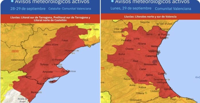 Mapas publicados por la AEMET con los avisos rojos por fuertes precipitaciones.