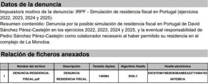 Vista con los datos de la denuncia presentada por Emilio Montilla ante la AEAT contra Pedro Sánchez y su hermano.
