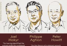 Ilustración de los tres premios Nobel de Economía de 2025.