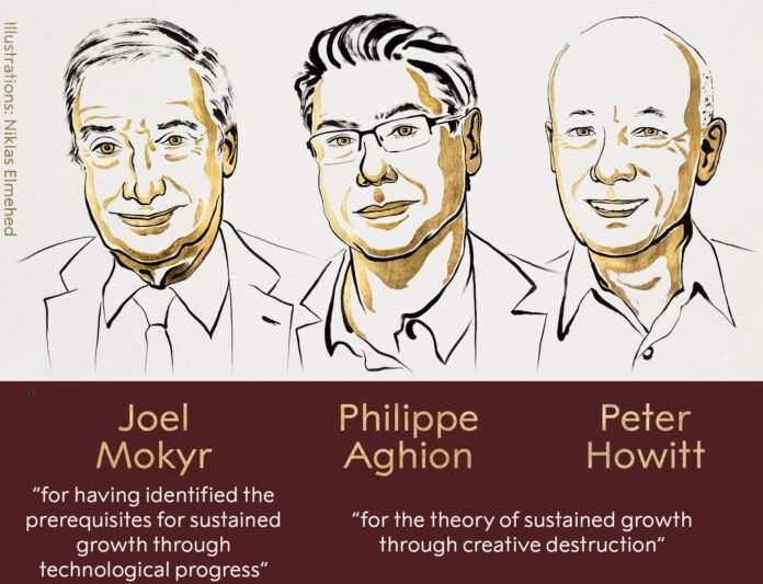 Ilustración de los tres premios Nobel de Economía de 2025.