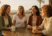Grupo de mujeres maduras riendo y conversando en una terraza frente al mar, símbolo de independencia y bienestar emocional.