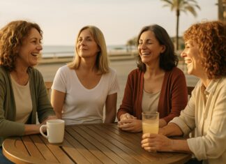 Grupo de mujeres maduras riendo y conversando en una terraza frente al mar, símbolo de independencia y bienestar emocional.