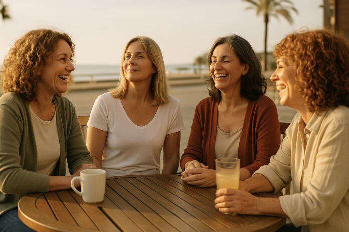 Grupo de mujeres maduras riendo y conversando en una terraza frente al mar, símbolo de independencia y bienestar emocional.