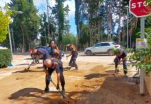 Voluntarios de Protección Civil retirando barro y tierra de una calle durante las tareas de limpieza tras las lluvias en Cataluña.