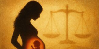 Silueta de una mujer embarazada con la sombra de un feto en su interior y una balanza de justicia al fondo, simbolizando el debate sobre el derecho al aborto en la Constitución española.