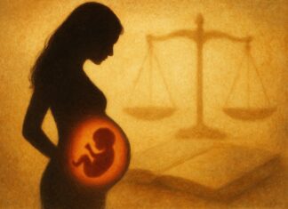 Silueta de una mujer embarazada con la sombra de un feto en su interior y una balanza de justicia al fondo, simbolizando el debate sobre el derecho al aborto en la Constitución española.