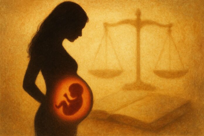 Silueta de una mujer embarazada con la sombra de un feto en su interior y una balanza de justicia al fondo, simbolizando el debate sobre el derecho al aborto en la Constitución española.