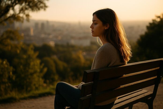 Mujer disfrutando de la soledad elegida al atardecer, símbolo de calma y bienestar emocional.