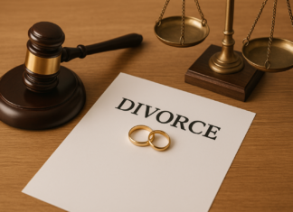 Divorcio: un hombre dejará de pagar la pensión compensatoria a su ex tras demostrar que vive con su nueva pareja Divorcio y tribunales: documento de divorcio con anillos, mazo judicial y balanza sobre mesa.