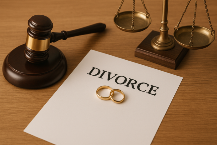 Divorcio y tribunales: documento de divorcio con anillos, mazo judicial y balanza sobre mesa.