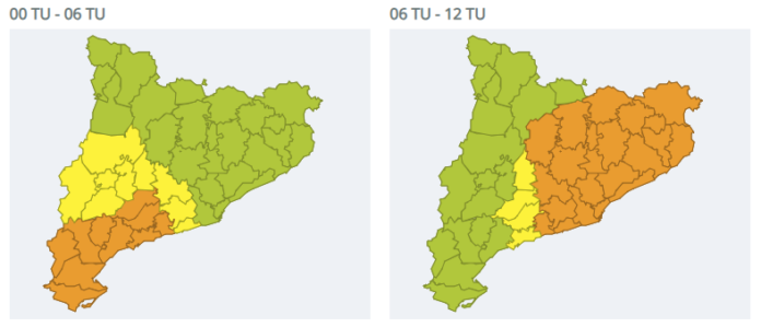 Mapa de alertas del Servei Meteorològic de Catalunya (SMC).