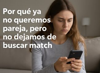 Mujer joven mirando el móvil con gesto pensativo en un salón, ilustrando el dilema entre el deseo de conexión y el miedo al compromiso en la era digital.
