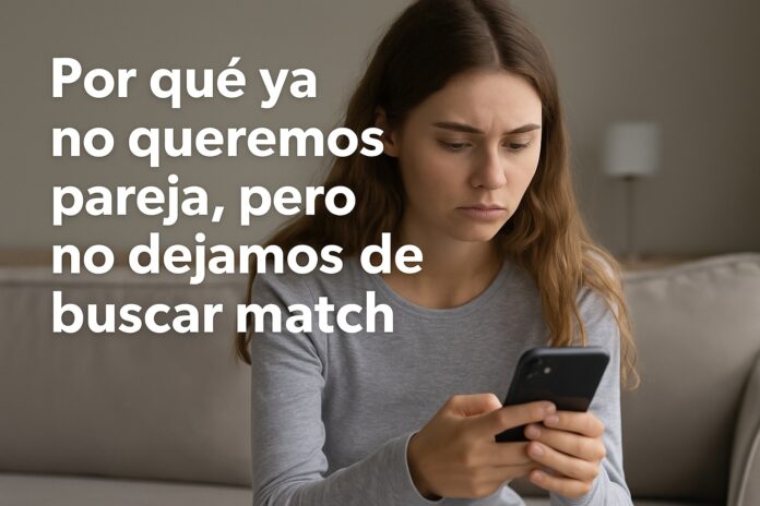 Mujer joven mirando el móvil con gesto pensativo en un salón, ilustrando el dilema entre el deseo de conexión y el miedo al compromiso en la era digital.