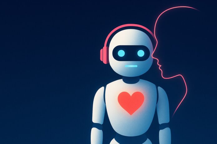 Ilustración conceptual de un robot con un corazón luminoso frente al perfil de una mujer, simbolizando la fusión entre inteligencia artificial y deseo humano.