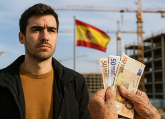 Joven preocupado mira al horizonte mientras unas manos de persona mayor sostienen billetes de euros, con una bandera de España y obras de vivienda al fondo.