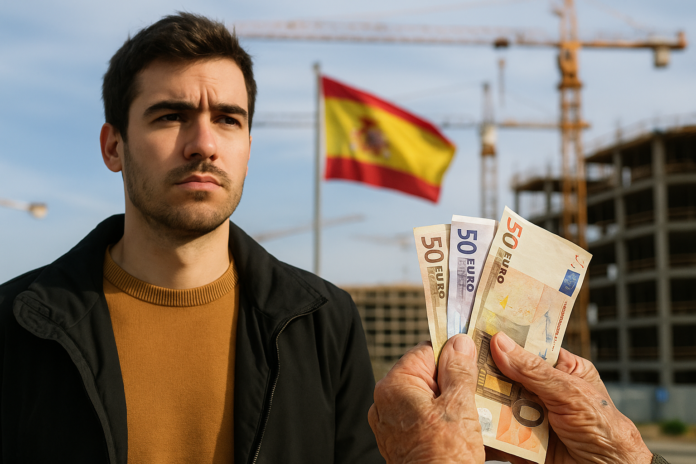 Joven preocupado mira al horizonte mientras unas manos de persona mayor sostienen billetes de euros, con una bandera de España y obras de vivienda al fondo.