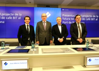 BIT tendrá en el Puerto de Barcelona la terminal de café más avanzada del sur de Europa Un momento de la presentación del proyecto, en la que han participado el presidente del Puerto de Barcelona, José Alberto Carbonell; el delegado especial del Estado en el Consorcio de la Zona Franca de Barcelona, Pere Navarro; el CEO de Empresas Masiques, José Miguel Masiques, y el director de BIT, Marc Tauste.