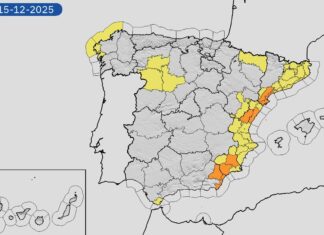 Alerta por fuertes lluvias en Cataluña: aviso naranja en Tarragona y amarillo en el resto de la comunidad Mapa de previsión meteorológica de la AEMET para este lunes 15 de diciembre.