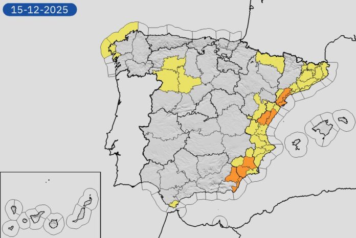 Mapa de previsión meteorológica de la AEMET para este lunes 15 de diciembre.