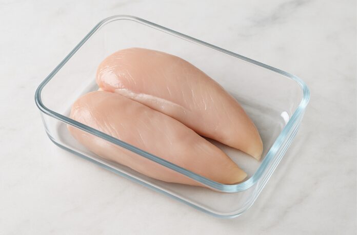 Pechugas de pollo crudas colocadas en un recipiente de vidrio sobre una encimera de mármol.