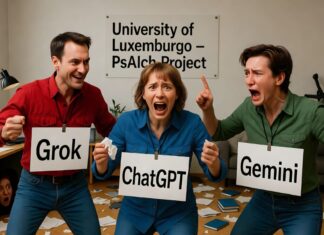 Imagen generada por Grok sobre un estudio de la Universidad de Luxemburgo que compara la IA de Elon Musk con Gemini (Google) y ChatGPT.