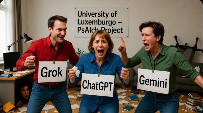 Imagen generada por Grok sobre un estudio de la Universidad de Luxemburgo que compara la IA de Elon Musk con Gemini (Google) y ChatGPT.