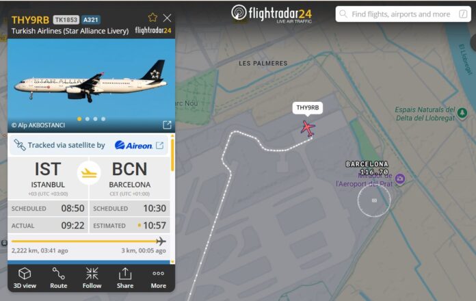Captura de pantalla de Flightradar con la imagen del avión de Turkish Airlines ya aparcado en el Aeropuerto Josep Tarradellas-El Prat.