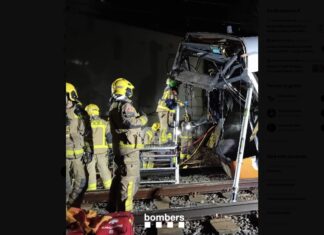 Bombers de la Generalitat junto al convoy de Rodalies que ha sufrido el accidente entre Sant Sadurní y Gelida.