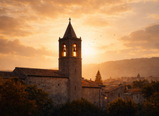 Campanario de una iglesia parroquial de piedra al atardecer, iluminado por luz cálida, símbolo del centro de vida comunitaria medieval.