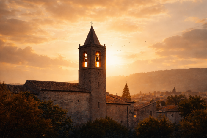 Campanario de una iglesia parroquial de piedra al atardecer, iluminado por luz cálida, símbolo del centro de vida comunitaria medieval.
