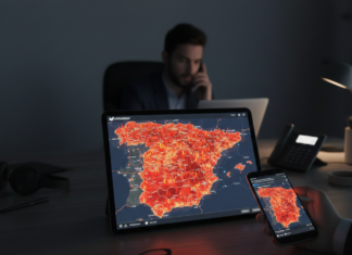 Caída masiva de Movistar en toda España: más de 100.000 pymes y miles de usuarios se quedan sin servicio Un mapa de España con indicadores de calor rojos que muestran las zonas afectadas por la caída de Movistar, junto a un usuario intentando realizar una llamada.