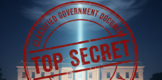 Imagen conceptual de la Casa Blanca de noche con un haz de luz azul descendiendo del cielo y un sello rojo de "Top Secret".