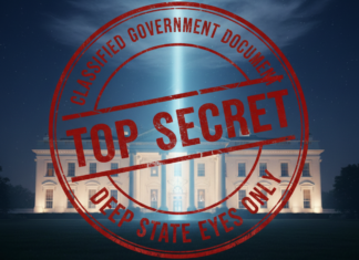 Imagen conceptual de la Casa Blanca de noche con un haz de luz azul descendiendo del cielo y un sello rojo de "Top Secret".