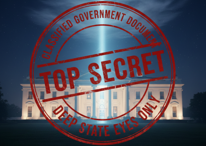 Imagen conceptual de la Casa Blanca de noche con un haz de luz azul descendiendo del cielo y un sello rojo de 