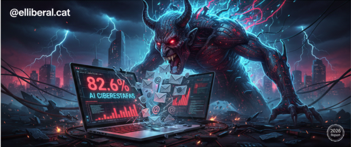 Ilustración digital de una amenaza cibernética con IA generativa atacando un ordenador portátil con correos electrónicos maliciosos.