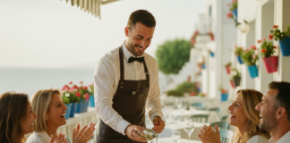 Camarero sirviendo una mesa en una terraza, representando los problemas de contratación en el sector servicios de Cataluña.