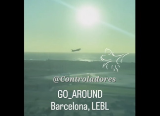 Un avión realiza una maniobra de aterrizaje frustrado (go-around) en el Aeropuerto de El Prat debido al fuerte viento.