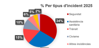 Gráfico circular que muestra el porcentaje de llamadas al 112 en Cataluña por tipo de incidente en 2025: Seguridad (34%), Asistencia Sanitaria (28%), Tráfico (15%), Civismo (10%) y otros.