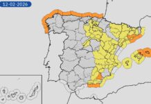 Mapa de avisos de AEMET para el 12 de febrero de 2026 mostrando alertas por viento en Cataluña y otras regiones de España.