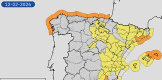 Mapa de avisos de AEMET para el 12 de febrero de 2026 mostrando alertas por viento en Cataluña y otras regiones de España.