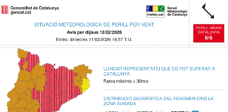 Mapa de avisos del Meteocat para el jueves 12 de febrero de 2026 mostrando nivel de peligro máximo 6 de 6 por vientos superiores a 30 m/s en Cataluña.