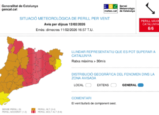 Mapa de avisos del Meteocat para el jueves 12 de febrero de 2026 mostrando nivel de peligro máximo 6 de 6 por vientos superiores a 30 m/s en Cataluña.