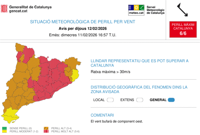 Mapa de avisos del Meteocat para el jueves 12 de febrero de 2026 mostrando nivel de peligro máximo 6 de 6 por vientos superiores a 30 m/s en Cataluña.